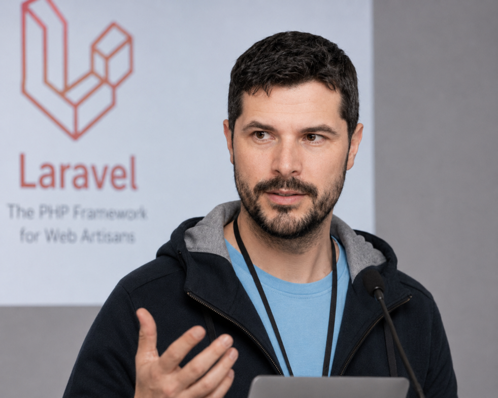 Roberto Gallea speaking at a Laravel conference