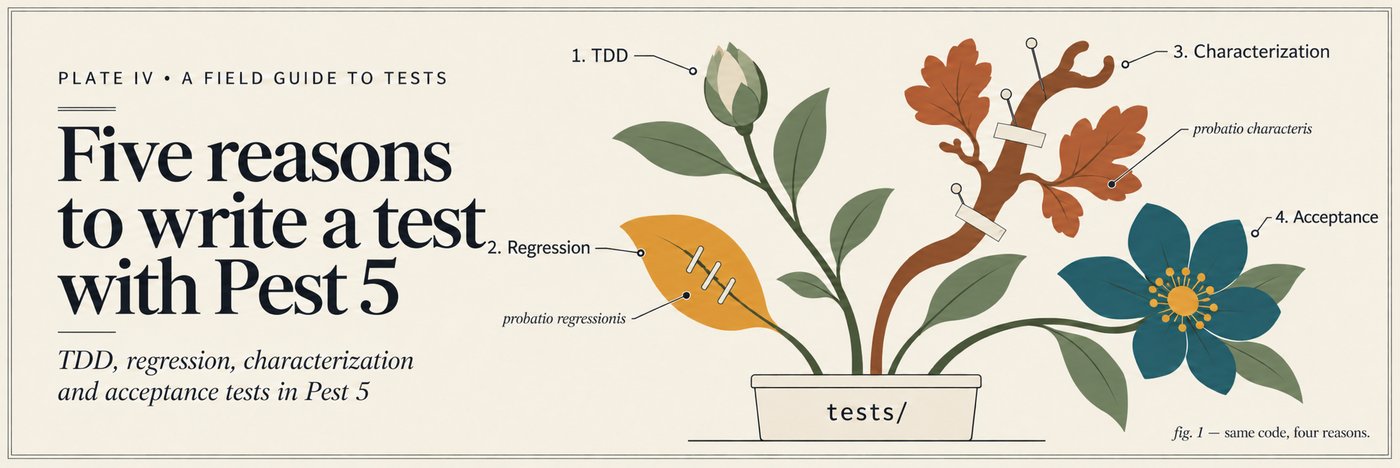 A field-guide plate of a plant growing from a tests/ pot, its branches labelled TDD, regression, characterization and acceptance