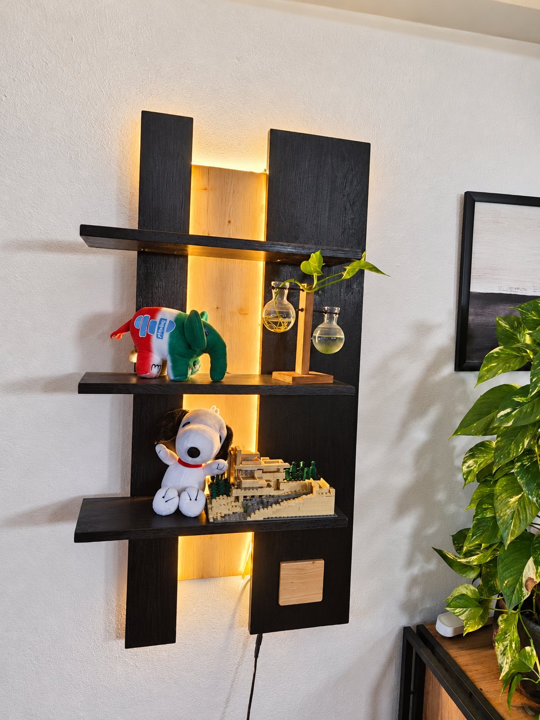 The shelf with the light on, with the power cable under the right upright